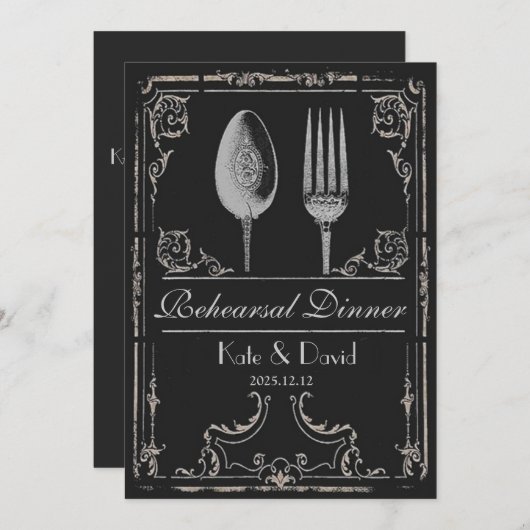 ヴィンテージの華美な銀のスプーンのフォークのリハーサルの夕食 招待状 (正面/裏面)