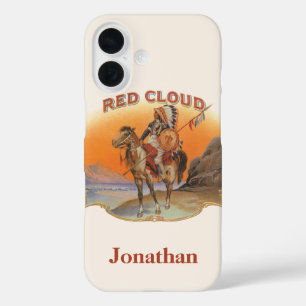 ヴィンテージの葉巻ラベルアート、赤い雲のインディアンが馬に乗る iPhone 16ケース