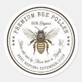 ヴィンテージの蜂が描かれた蜂蜜花粉の缶ラベル ラウンドシール (正面)