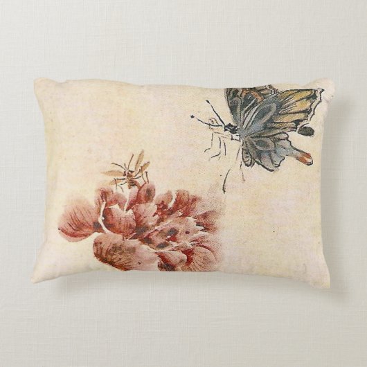 ヴィンテージの蜂、蝶およびケシの水彩画 アクセントクッション (裏面)