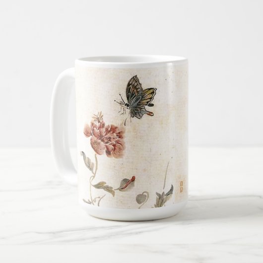 ヴィンテージの蜂、蝶およびケシの水彩画 コーヒーマグカップ (正面左)