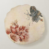 ヴィンテージの蜂、蝶およびケシの水彩画 ラウンドクッション (裏面)