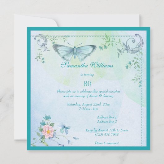 ヴィンテージの蝶、花及び渦巻の第80誕生日 招待状 (裏面)