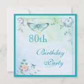 ヴィンテージの蝶、花及び渦巻の第80誕生日 招待状 (正面)
