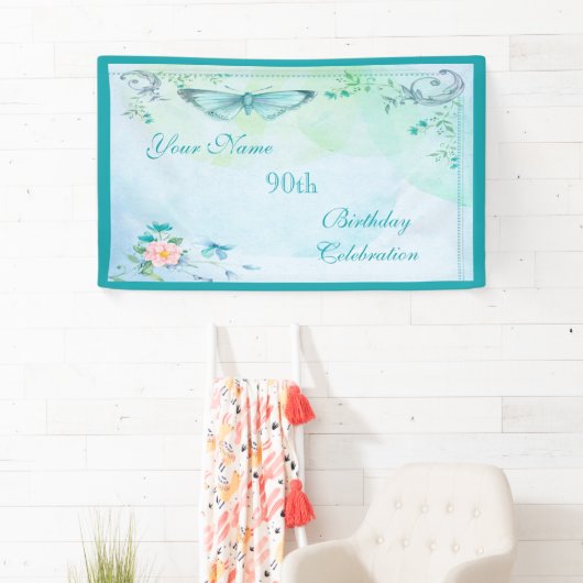 ヴィンテージの蝶、花及び渦巻の第90誕生日 横断幕 (インサイチュ)