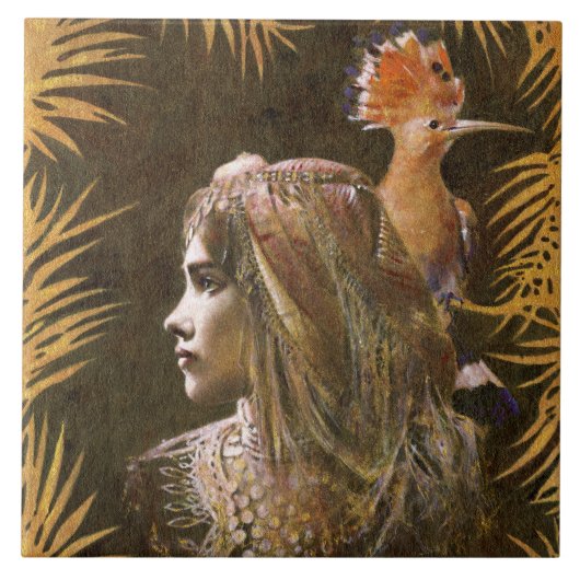 ヴィンテージの装飾的な女の子および鳥のセラミックタイル タイル (正面)