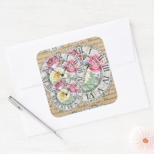 ヴィンテージの装飾的な時計 植物のバラ アンティーク スクエアシール (封筒)