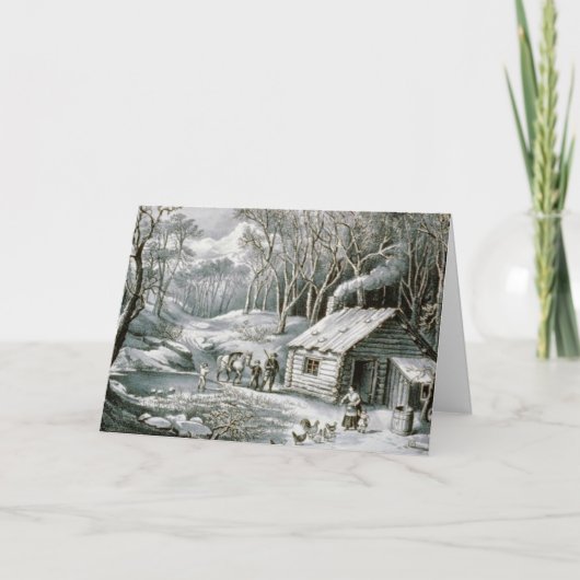 ヴィンテージの製革工及びIvesの丸太小屋の休日のクリスマス シーズンカード (正面)