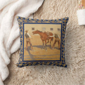 ヴィンテージの西部のカウボーイおよび馬の青 クッション (ブランケット)