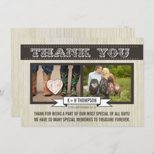 ヴィンテージの西部の結婚式は写真カード感謝していしています サンキューカード (正面/裏面)
