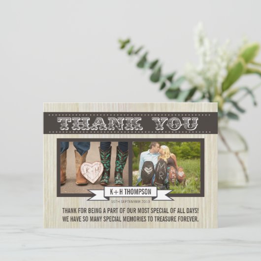 ヴィンテージの西部の結婚式は写真カード感謝していしています サンキューカード (スタンド正面)