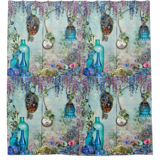 ヴィンテージの記憶藤のラベンダーの青の鍵 シャワーカーテン (正面)