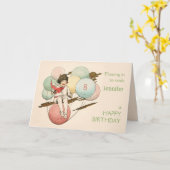 ヴィンテージの誕生日の女の子が風船のカードに浮かんでいる カード (黄色い花)