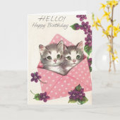 ヴィンテージの誕生日の子ネコおよびバイオレット、 カード (黄色い花)
