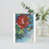 ヴィンテージの誕生日メッセージ ローズと鳥 ポストカード (スタンド正面)