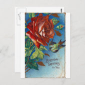 ヴィンテージの誕生日メッセージ ローズと鳥 ポストカード (正面/裏面)