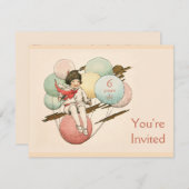 ヴィンテージの誕生日招待状の女の子が風船に乗って 招待状 (正面/裏面)