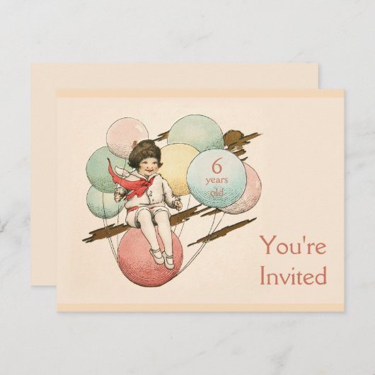 ヴィンテージの誕生日招待状の女の子が風船に乗って 招待状 (正面/裏面)