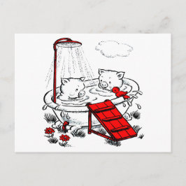 ヴィンテージの豚と鳥を風呂に ポストカード