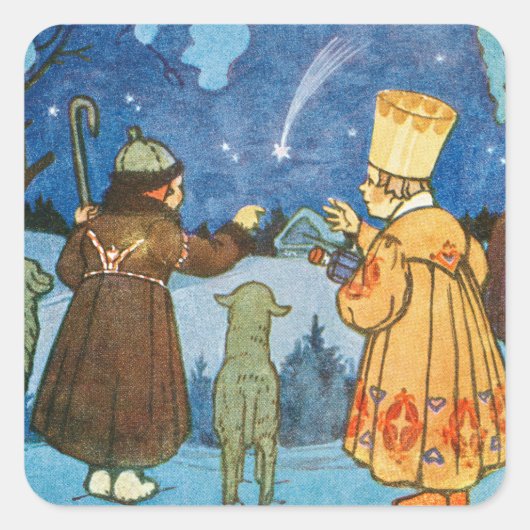 ヴィンテージの賢者と羊のクリスマスの夜 スクエアシール (正面)