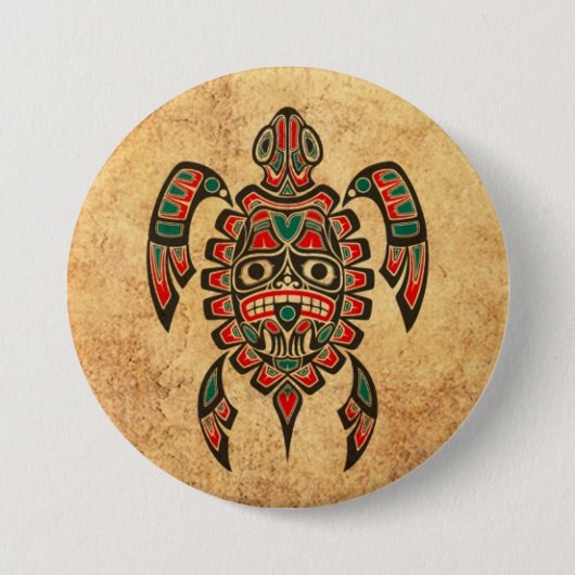 ヴィンテージの赤いおよび緑のHaidaの精神のウミガメ 缶バッジ (正面)