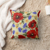 ヴィンテージの赤いケシおよび青い花の枕 クッション (ブランケット)