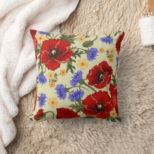 ヴィンテージの赤いケシおよび青い花の枕 クッション (ブランケット)