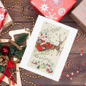 ヴィンテージの赤いサンタクロースがトナカイに乗って飛ぶ星 ポストカード