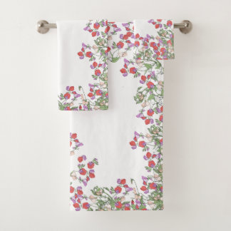 ヴィンテージの赤いスイートピーの花のBathタオルセット バスタオルセット