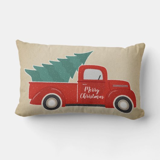 ヴィンテージの赤いトラックおよびクリスマスツリー ランバークッション (裏面)