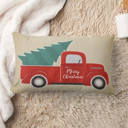 ヴィンテージの赤いトラックおよびクリスマスツリー ランバークッション (ブランケット)