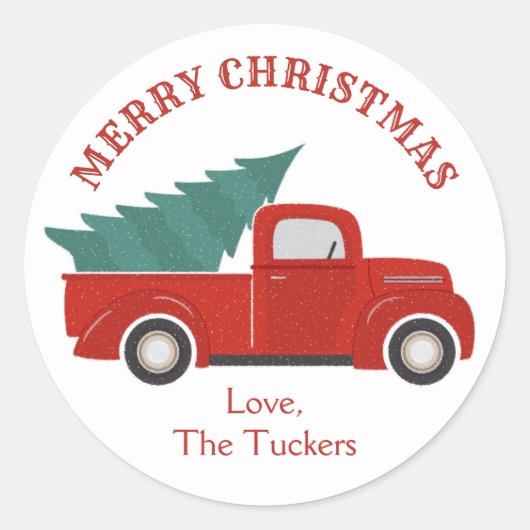 ヴィンテージの赤いトラックとクリスマスツリー ラウンドシール (正面)