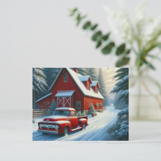 ヴィンテージの赤いトラックと納屋のポストカード シーズンポストカード (スタンド正面)