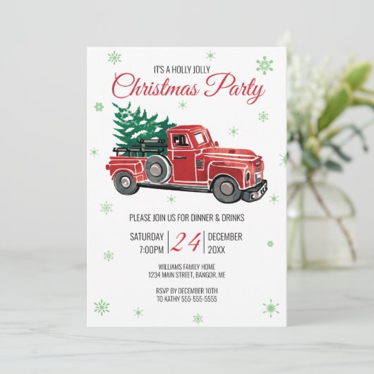 ヴィンテージの赤いトラックのヒイラギのすてきなクリスマス・パーティ 招待状 (スタンド正面)