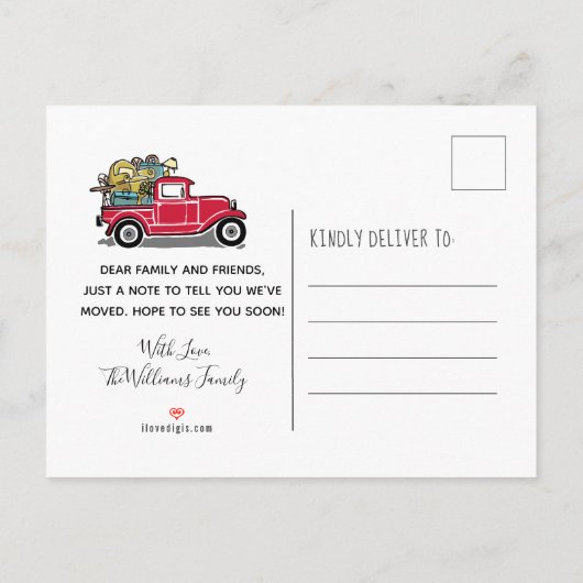 ヴィンテージの赤いトラックの新しい家移動 案内ポストカード (裏面)
