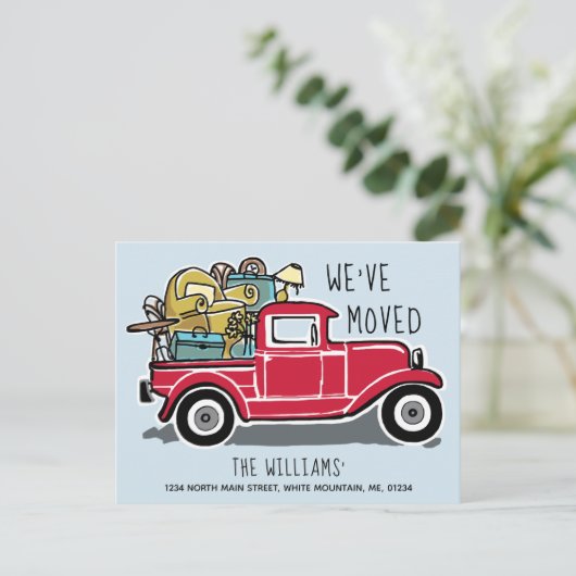 ヴィンテージの赤いトラックの新しい家移動 案内ポストカード (スタンド正面)