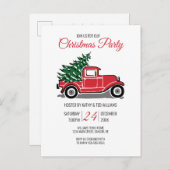 ヴィンテージの赤いトラックの松の木のクリスマス・パーティ インビテーションポストカード (正面/裏面)