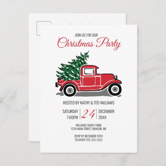 ヴィンテージの赤いトラックの松の木のクリスマス・パーティ インビテーションポストカード (正面/裏面)