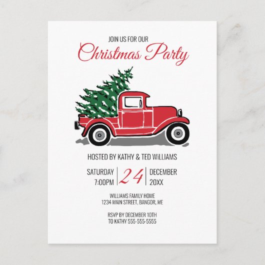 ヴィンテージの赤いトラックの松の木のクリスマス・パーティ インビテーションポストカード (正面)