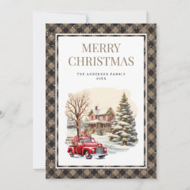 ヴィンテージの赤いトラック雪メリークリスマスカード シーズンカード
