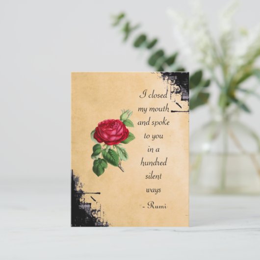 ヴィンテージの赤いバラとのRumiの引用文のタイポグラフィ ポストカード (スタンド正面)