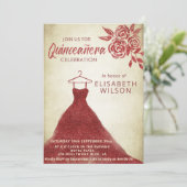 ヴィンテージの赤いバラの輝くドレスQuinceaenera 招待状 (スタンド正面)