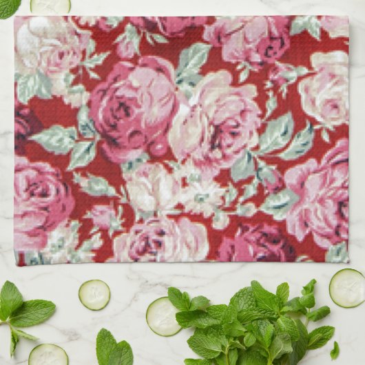 ヴィンテージの赤いバラ、ビクトリア時代の人、ガーリーな花柄、ロマンチック キッチンタオル (折り畳み)