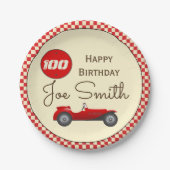 ヴィンテージの赤いレースカーおよび旗100の誕生日 ペーパープレート (正面)