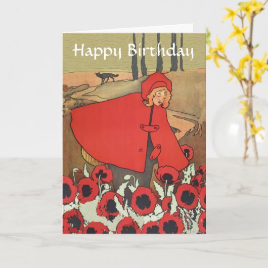 ヴィンテージの赤い乗馬フードのケシによっては誕生日が開花します カード (黄色い花)
