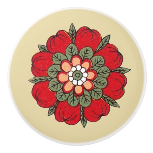 ヴィンテージの赤い花の陶磁器のノブ セラミックノブ (正面)