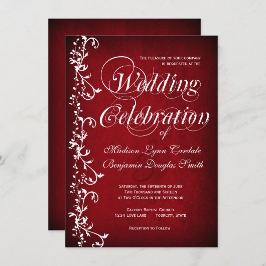 ヴィンテージの赤い花柄の渦巻の結婚式招待状 招待状 (正面/裏面)