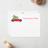 ヴィンテージの赤い車とクリスマスツリーのメリクリ ノートカード (正面/裏面インサイチュ)