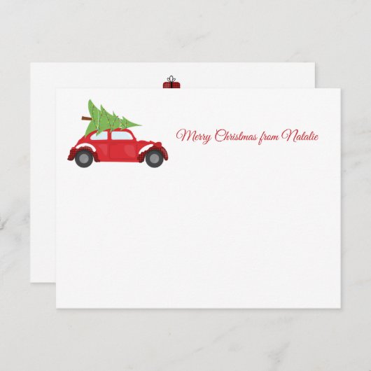 ヴィンテージの赤い車とクリスマスツリーのメリクリ ノートカード (正面/裏面)