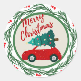 ヴィンテージの赤い車のクリスマス ラウンドシール